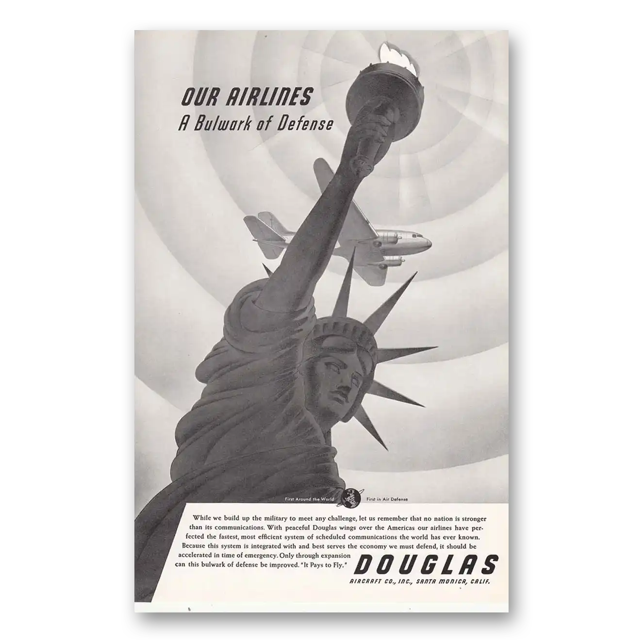 1940 Douglas Bulwark of Defense Statue of Liberty Vintage Magazine Print Ad