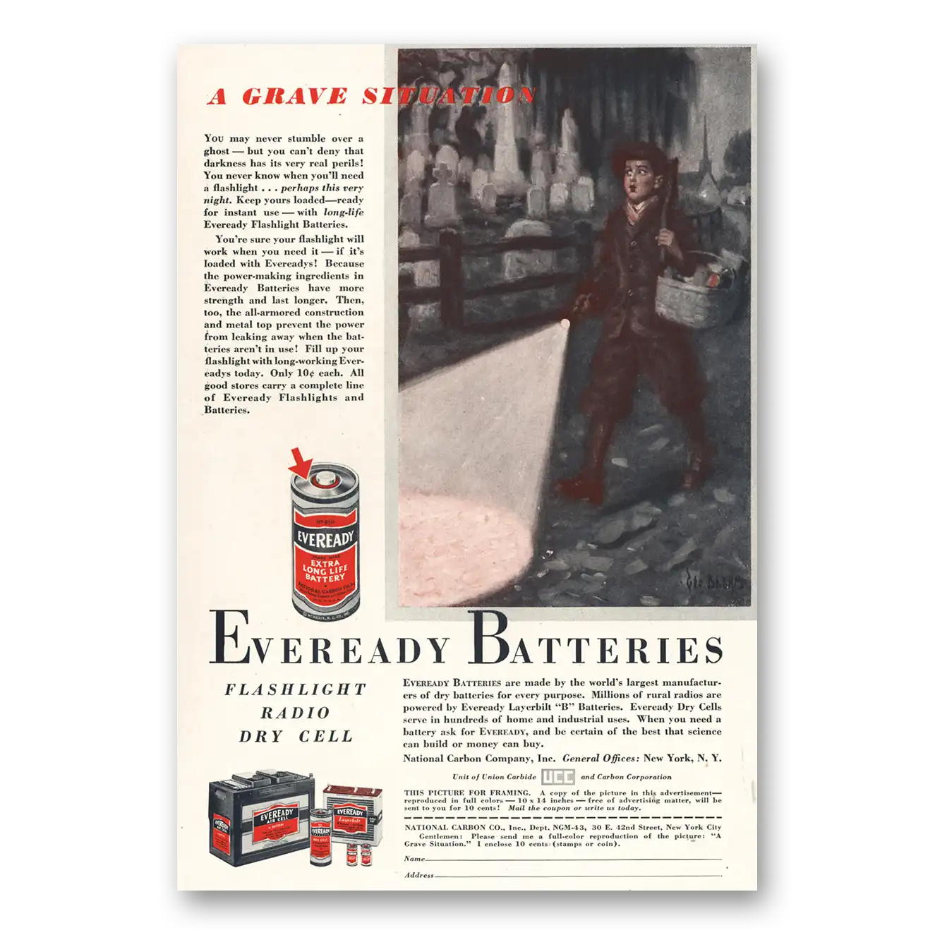 1933 Eveready Batteries Grave Situation Vintage Magazine Print Ad