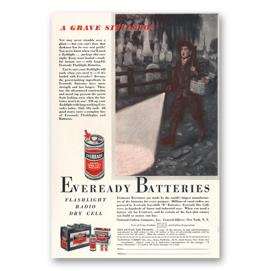 1933 Eveready Batteries Grave Situation Vintage Magazine Print Ad