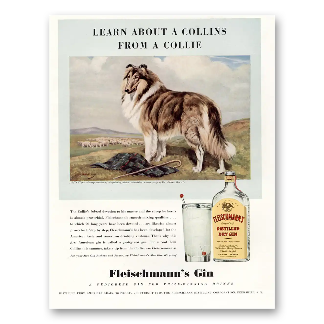 1940 Fleischmanns Gin Learn About a Collins From a Collie Vintage Magazine Print Ad