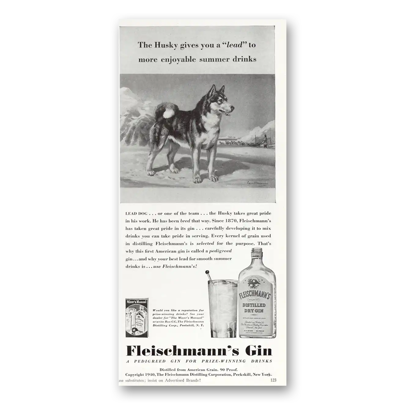 1940 Fleischmanns Gin Husky Gives You a Lead Vintage Magazine Print Ad