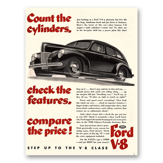 1940 Ford V8 Count the Cylinders Check the Features Vintage Magazine Print Ad