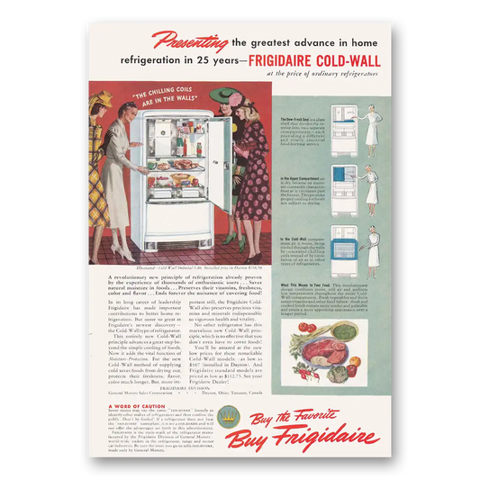 1940 Frigidaire Refrigerator Cold Wall Chilling Coils Vintage Magazine Print Ad