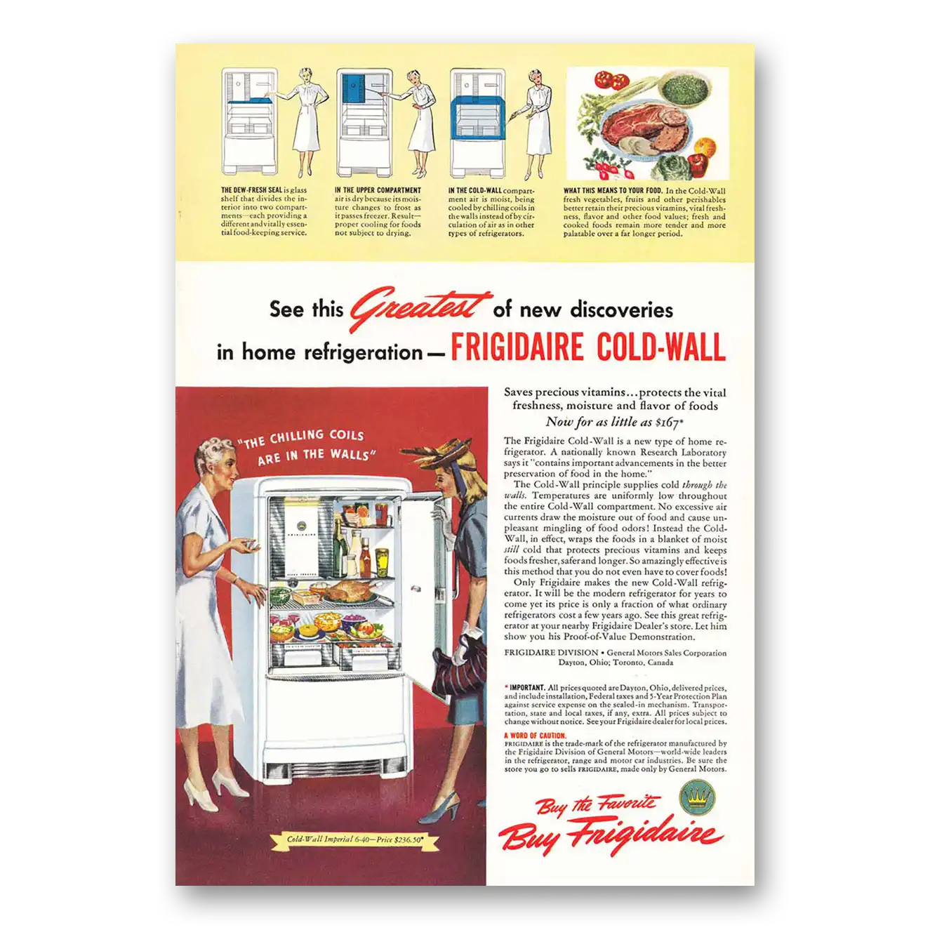 1940 Frigidaire Refrigerator Cold Wall Greatest of New Discoveries Vintage Magazine Print Ad