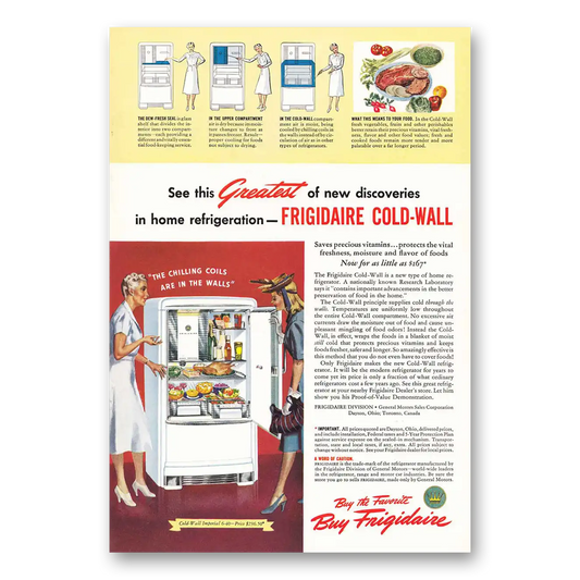 1940 Frigidaire Refrigerator Cold Wall Greatest of New Discoveries Vintage Magazine Print Ad