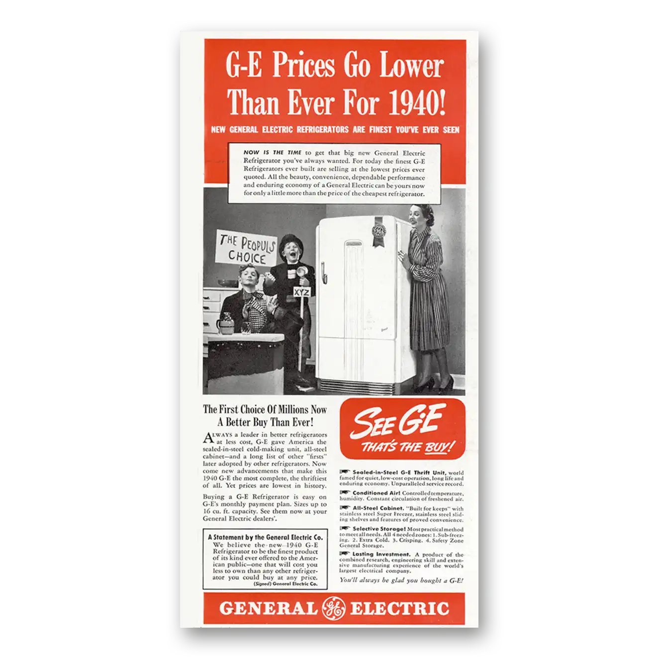 1940 General Electric Refrigerator Peoples Choice Vintage Magazine Print Ad