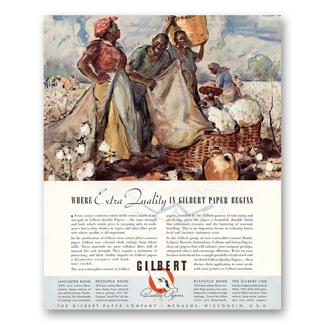 1940 Gilbert Paper Sunny Southern Cotton Fields Vintage Magazine Print Ad