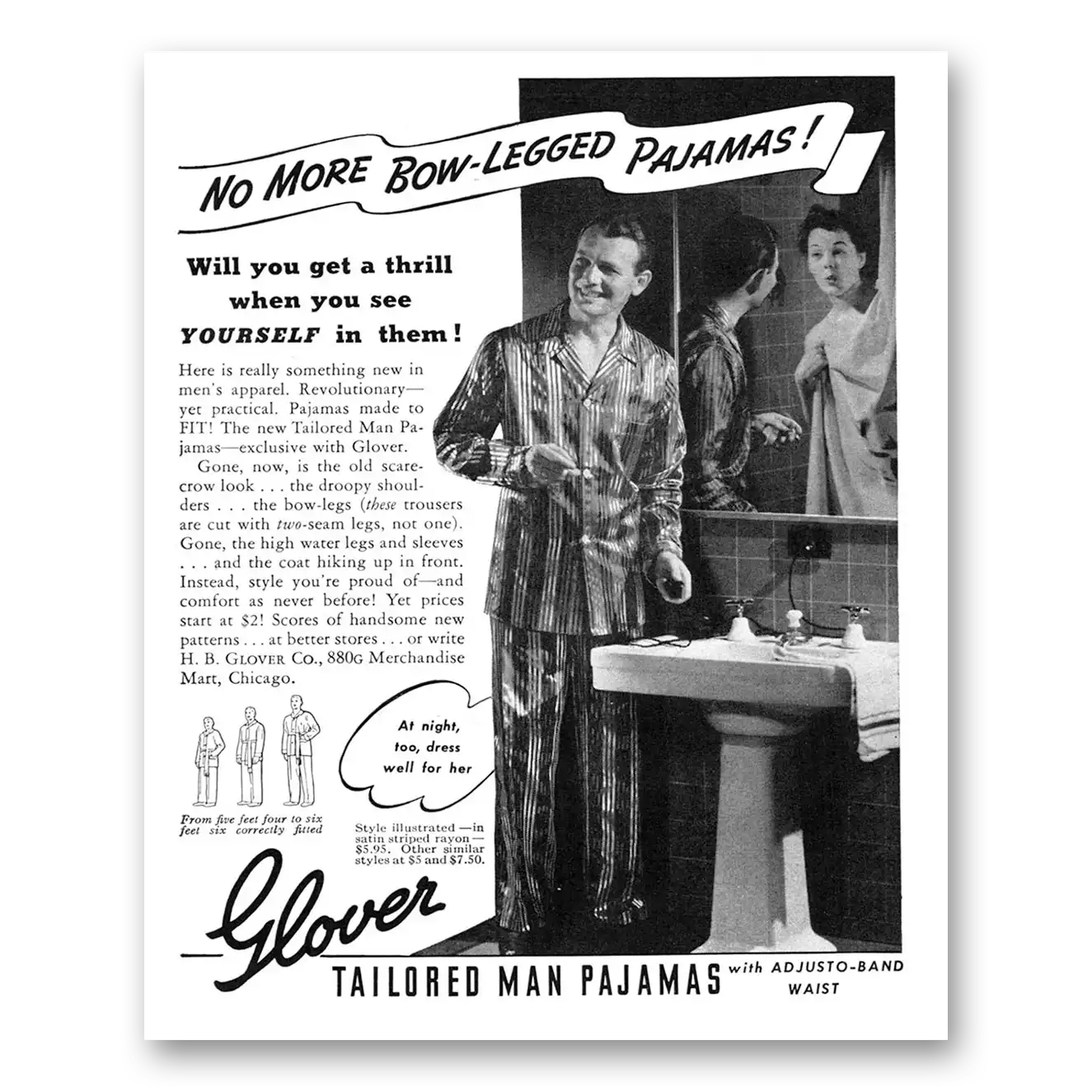 1940 Glover Tailored Man Pajamas No More Bow Legged Vintage Magazine Print Ad