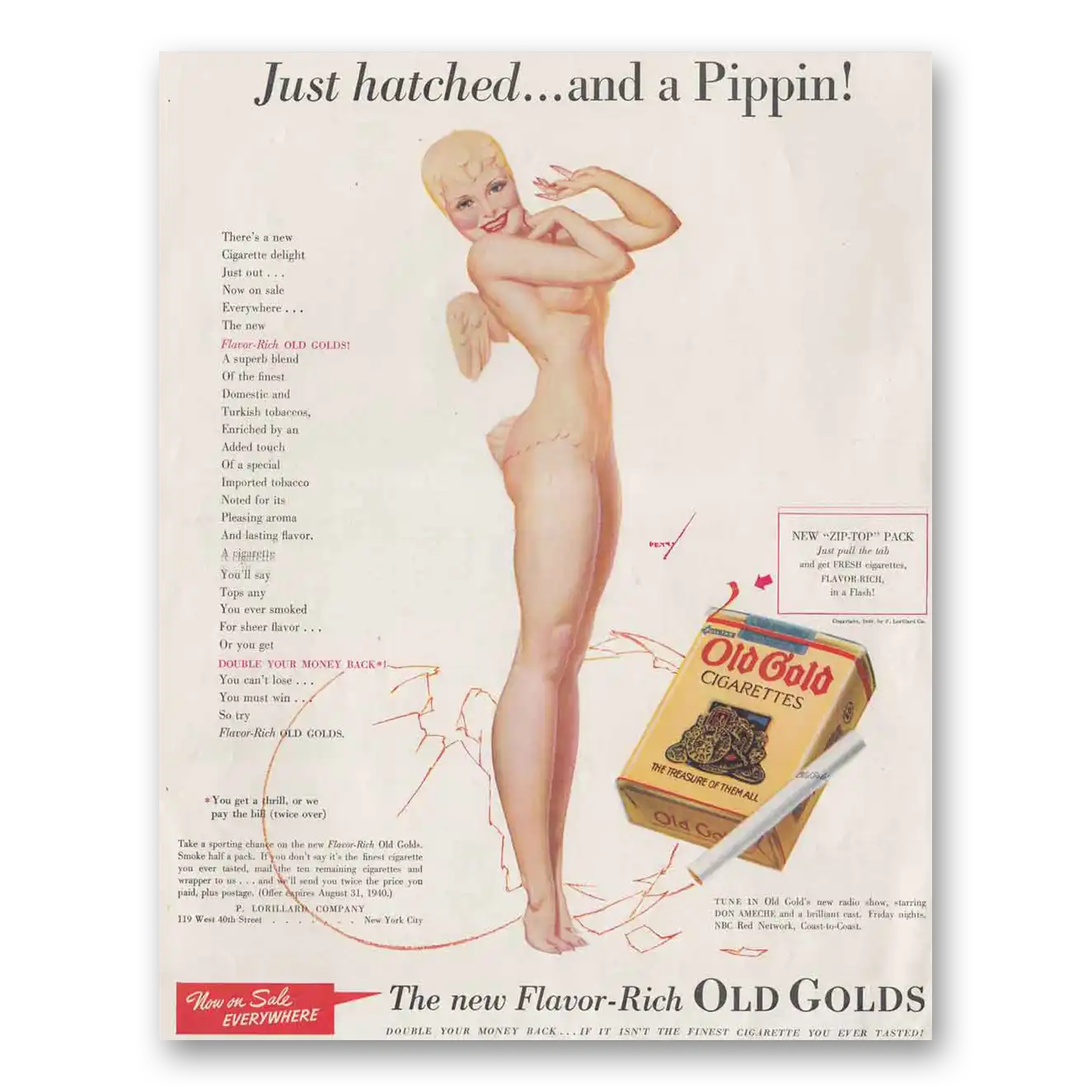 1940 Old Gold Cigarettes Just Hatched and a Pippin Vintage Magazine Print Ad