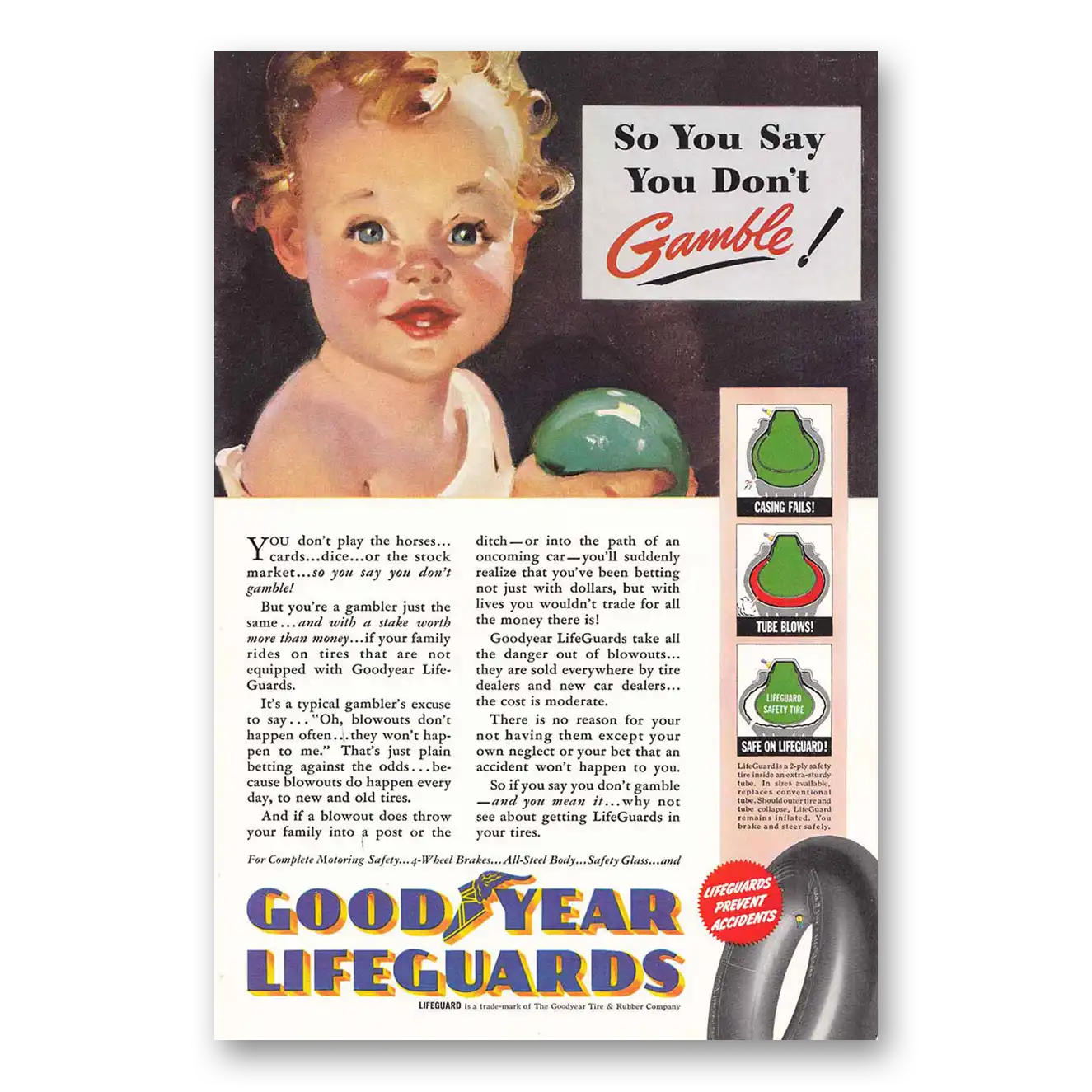 1940 Goodyear Lifeguard Tires Don't Gamble Vintage Magazine Print Ad