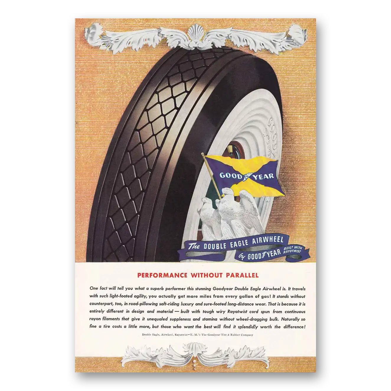 1940 Goodyear Tires Double Eagle Airwheel Performance Without Parallel Vintage Magazine Print Ad