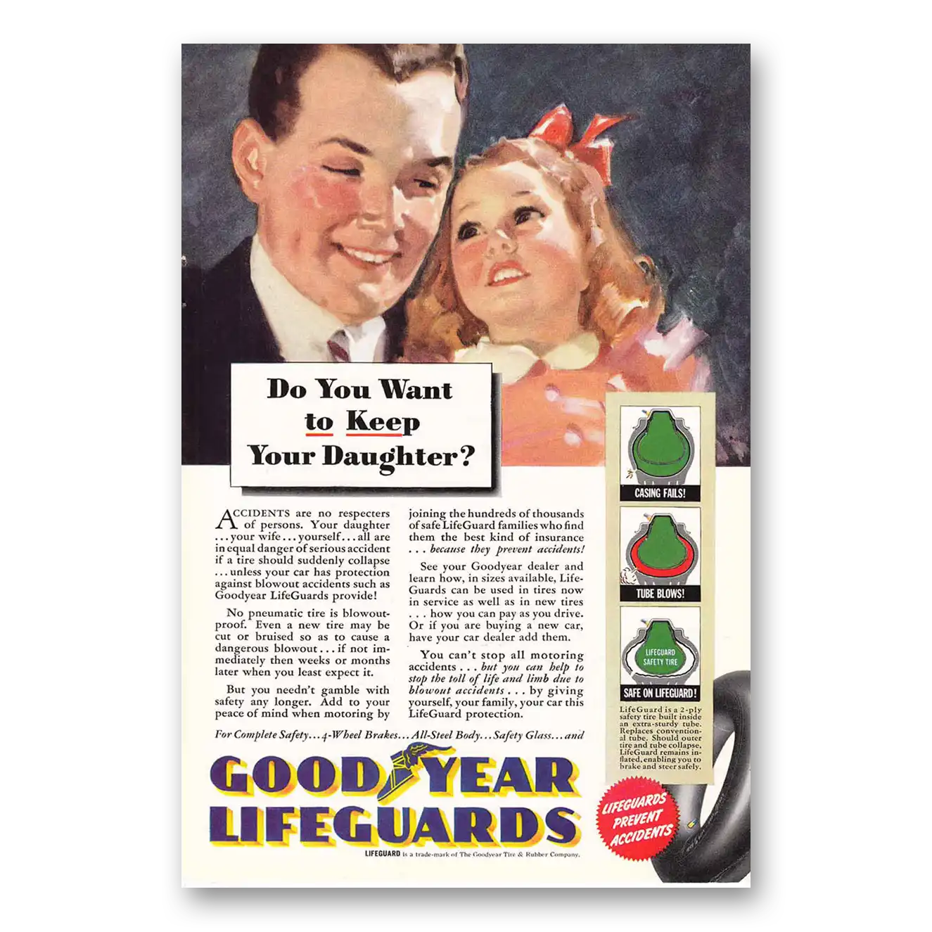 1940 Goodyear Lifeguard Tires Keep your Daughter Vintage Magazine Print Ad