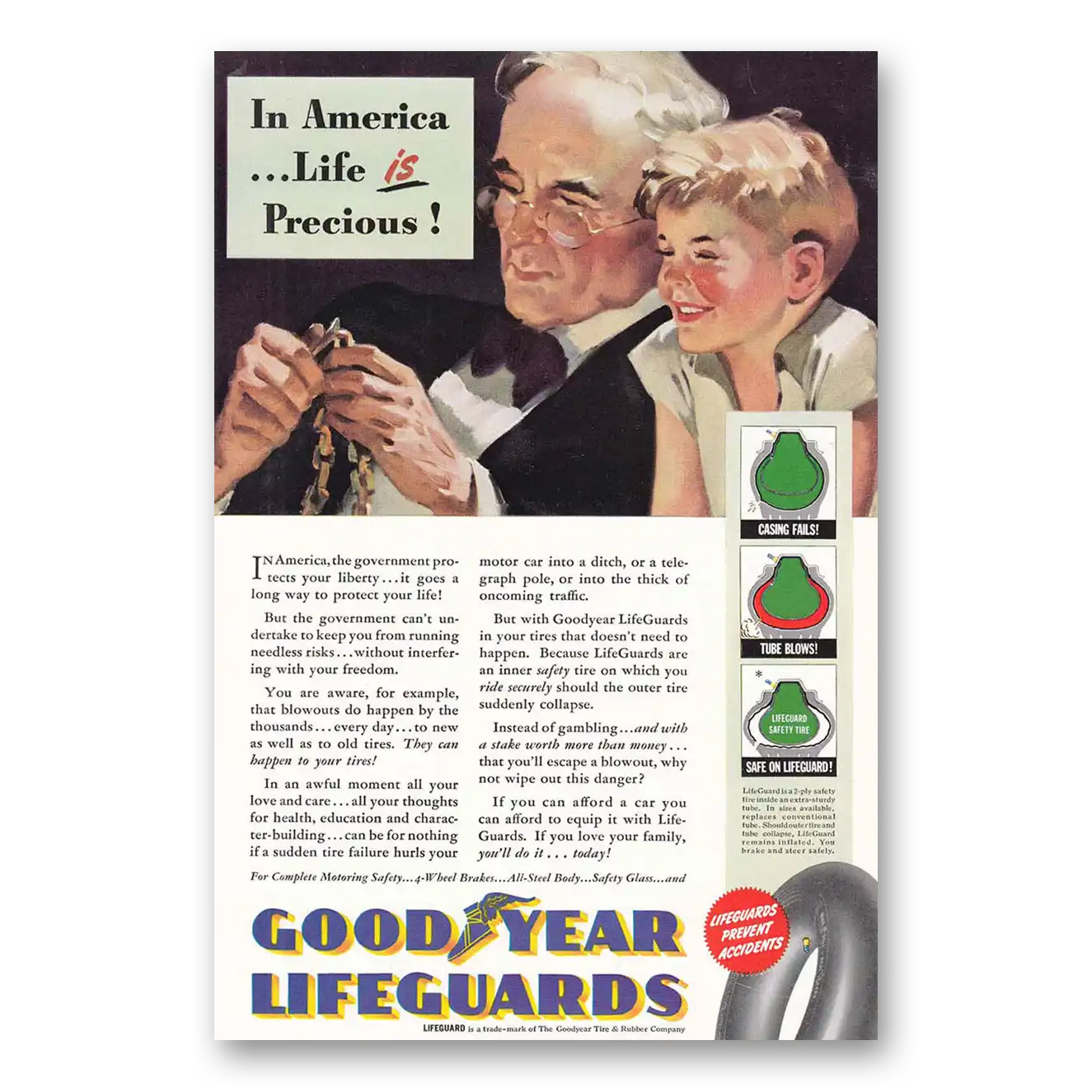 1940 Goodyear Lifeguard Tires In America Life is Precious Vintage Magazine Print Ad