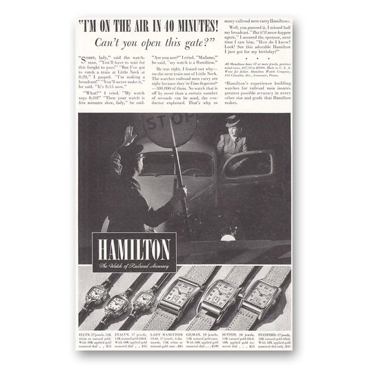 1940 Hamilton Watch On the Air In 40 Minutes Vintage Magazine Print Ad