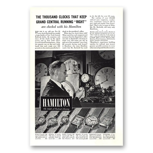 1940 Hamilton Watch Thousand Clocks Grand Central Vintage Magazine Print Ad