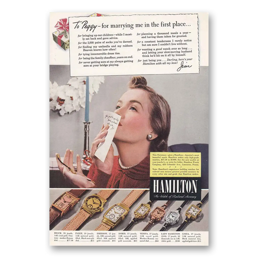 1940 Hamilton Watch To Peggy for Marrying Me Vintage Magazine Print Ad
