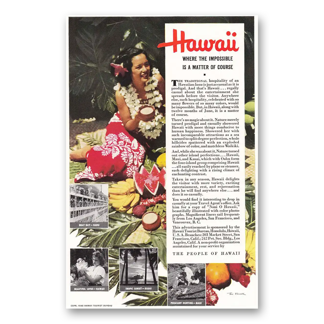 1940 Hawaii Where the Impossible Is a Matter of Cours Vintage Magazine Print Ad