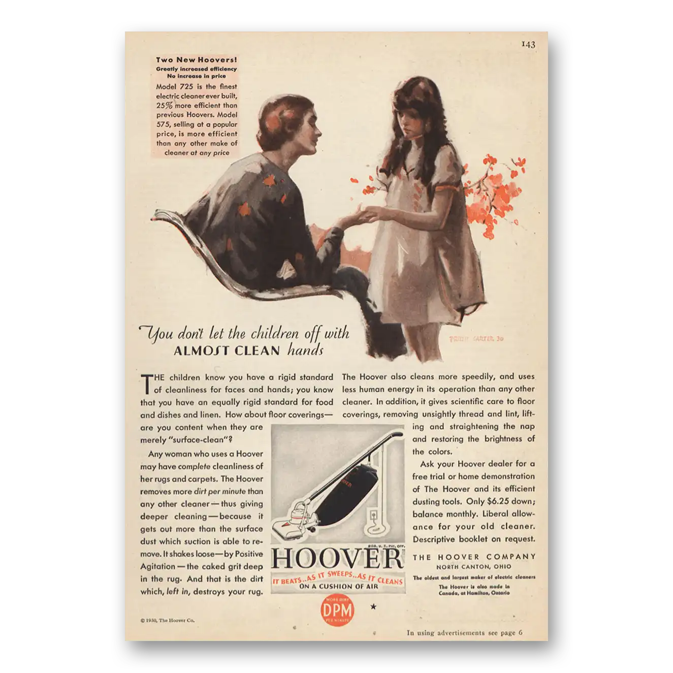 1930 Hoover Vacuum Don’t Let the Children Off With Almost Clean Hands Vintage Magazine Print Ad