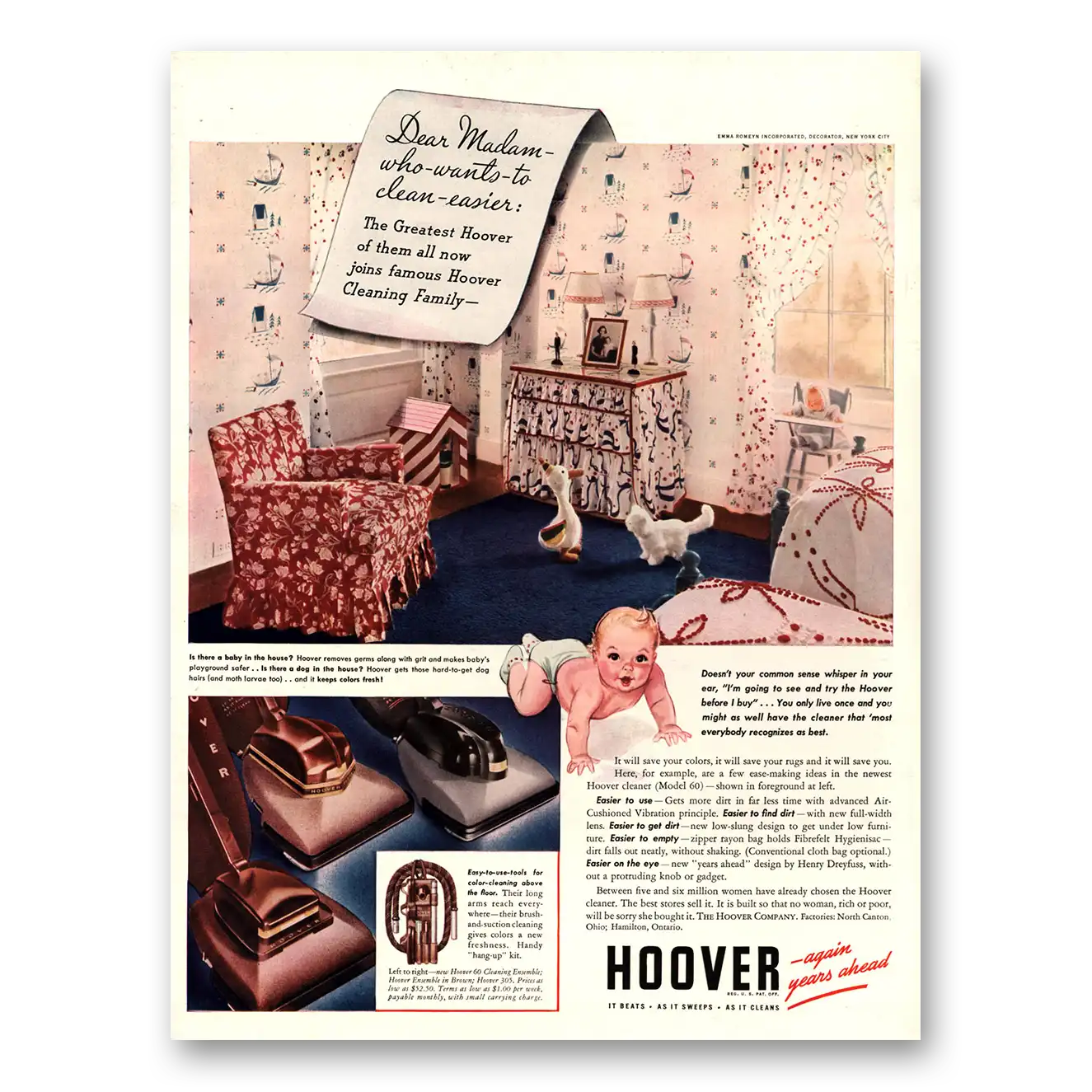 1940 Hoover Vacuum Dear Madam Who Wants to Clean Easier Vintage Magazine Print Ad