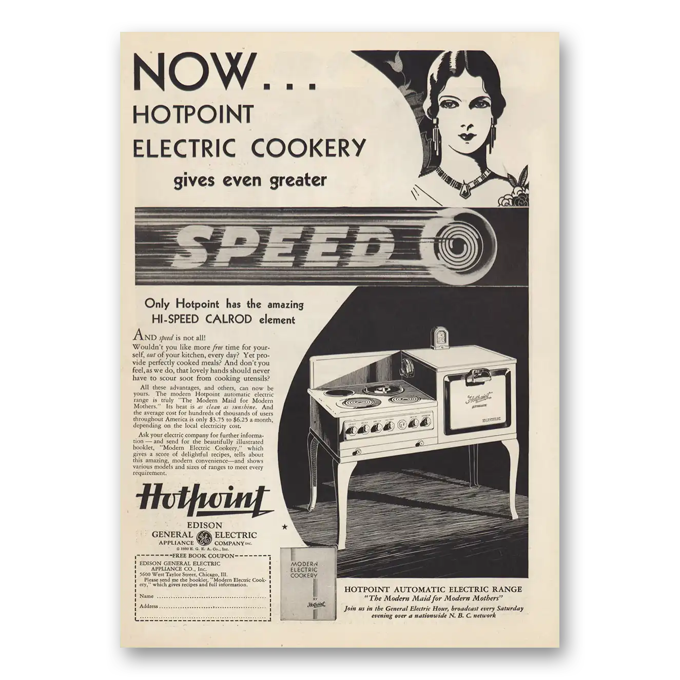 1930 Hotpoint Electric Range Electric Cookery Hi Speed Calrod Element Vintage Magazine Print Ad