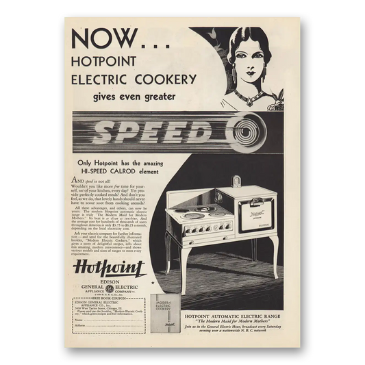 1930 Hotpoint Electric Range Electric Cookery Hi Speed Calrod Element Vintage Magazine Print Ad