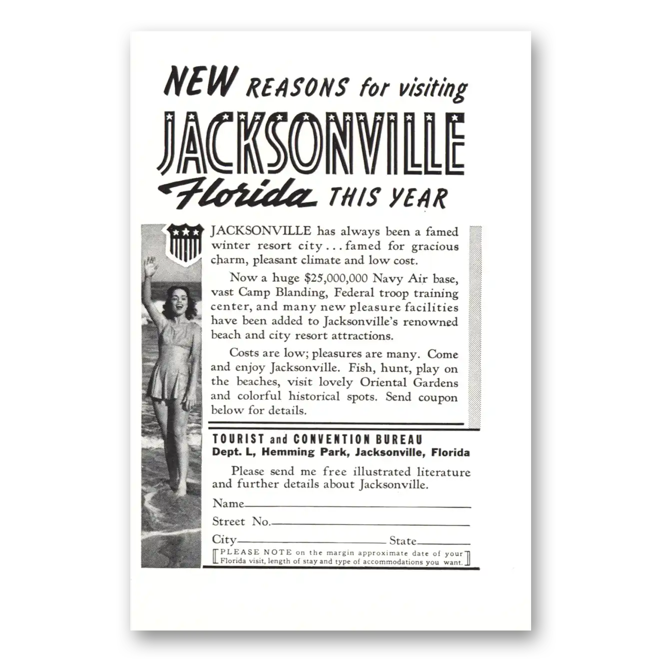 1940 Jacksonville Florida New Reasons for Visiting Vintage Magazine Print Ad