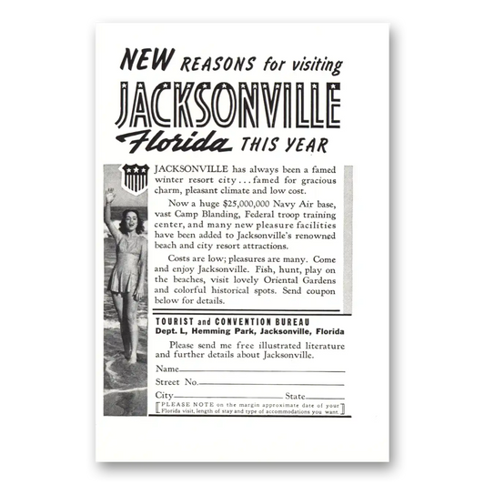 1940 Jacksonville Florida New Reasons for Visiting Vintage Magazine Print Ad