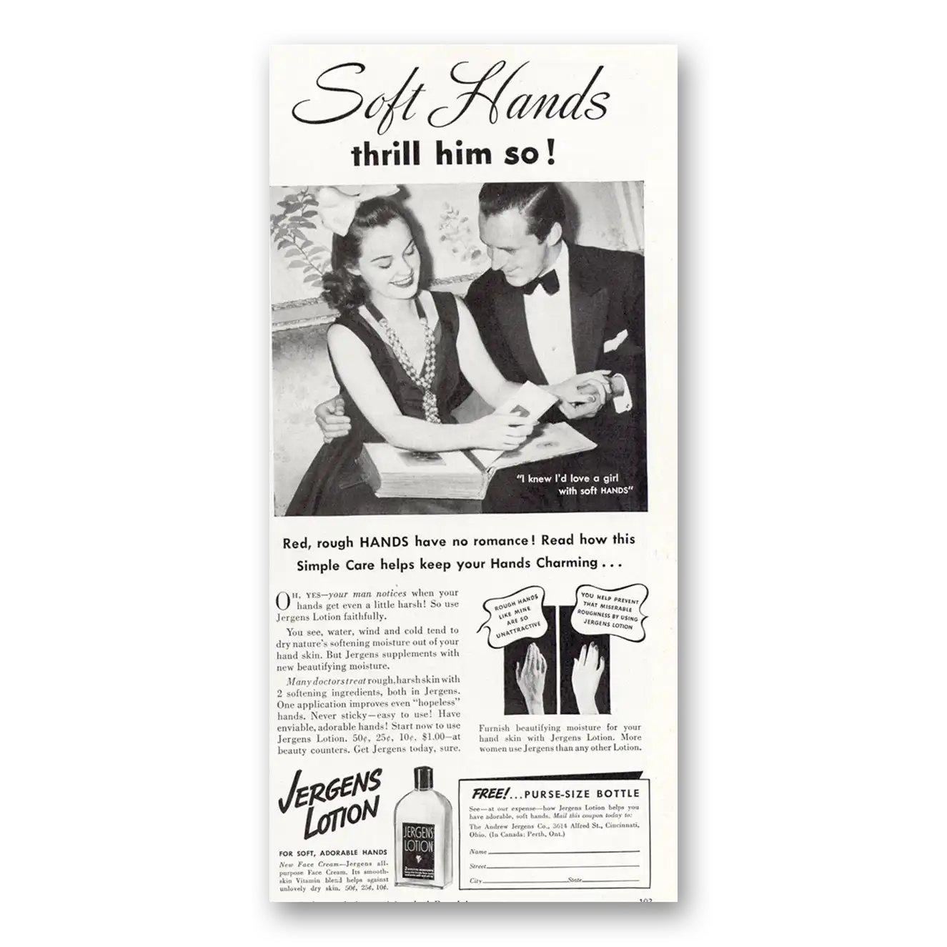 1940 Jergens Lotion Soft Hands Thrill Him So Vintage Magazine Print Ad