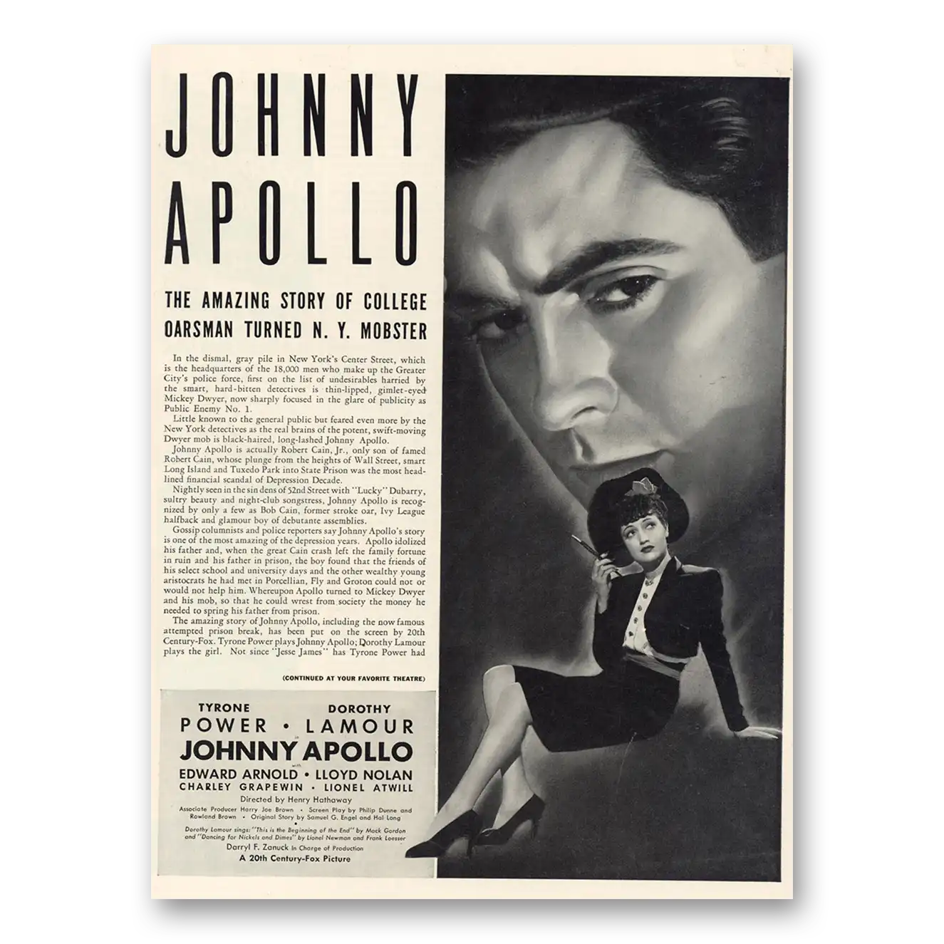 1940 Johnny Apollo Movie Promo Tyrone Power and Dorothy Lamour Vintage Magazine Print Ad