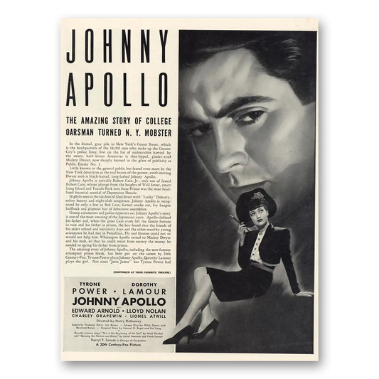 1940 Johnny Apollo Movie Promo Tyrone Power and Dorothy Lamour Vintage Magazine Print Ad