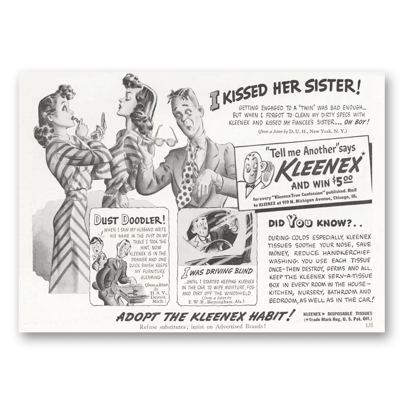 1940 Kleenex Tissues I Kissed Her Sister Vintage Magazine Print Ad