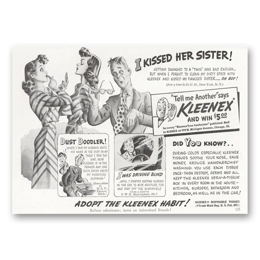 1940 Kleenex Tissues I Kissed Her Sister Vintage Magazine Print Ad