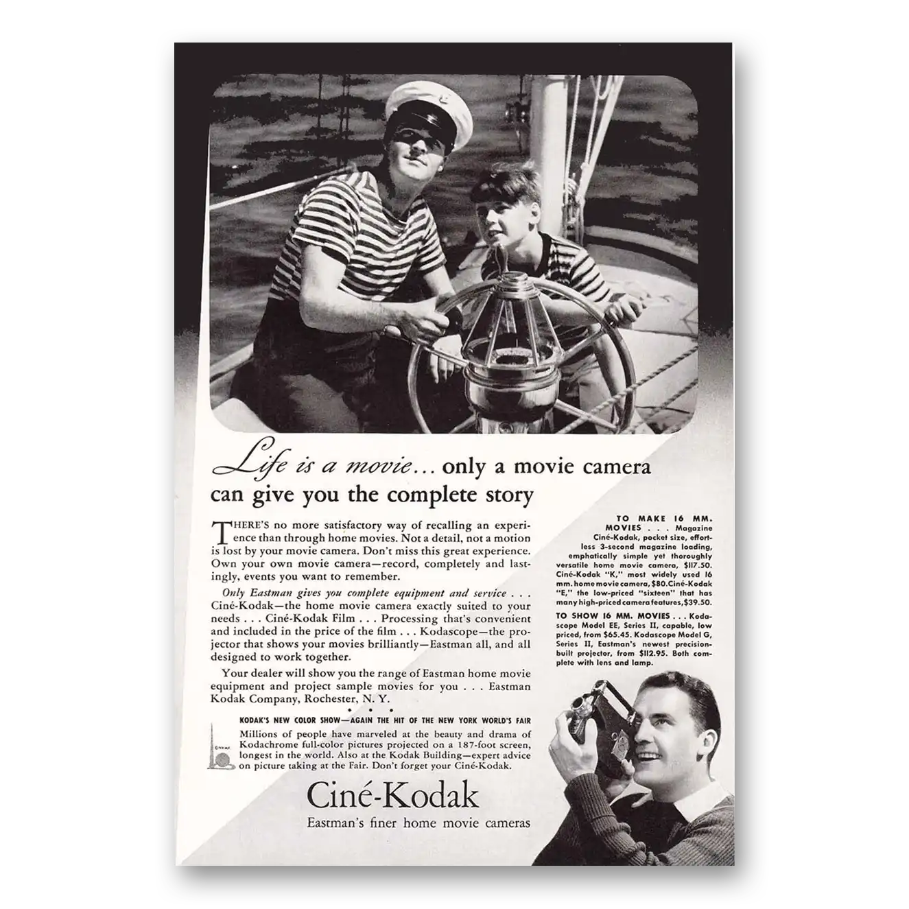 1940 Cine Kodak K Camera Life Is a Movie Sailboat Vintage Magazine Print Ad