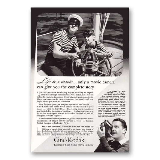 1940 Cine Kodak K Camera Life Is a Movie Sailboat Vintage Magazine Print Ad