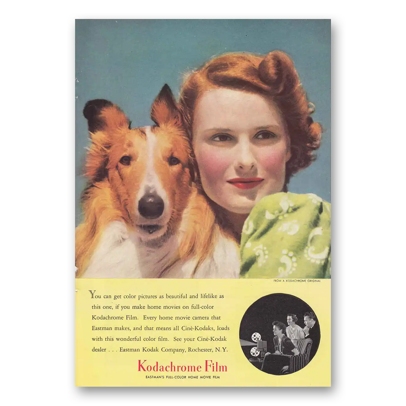 1940 Kodachrome Film Girl Collie Vintage Magazine Print Ad