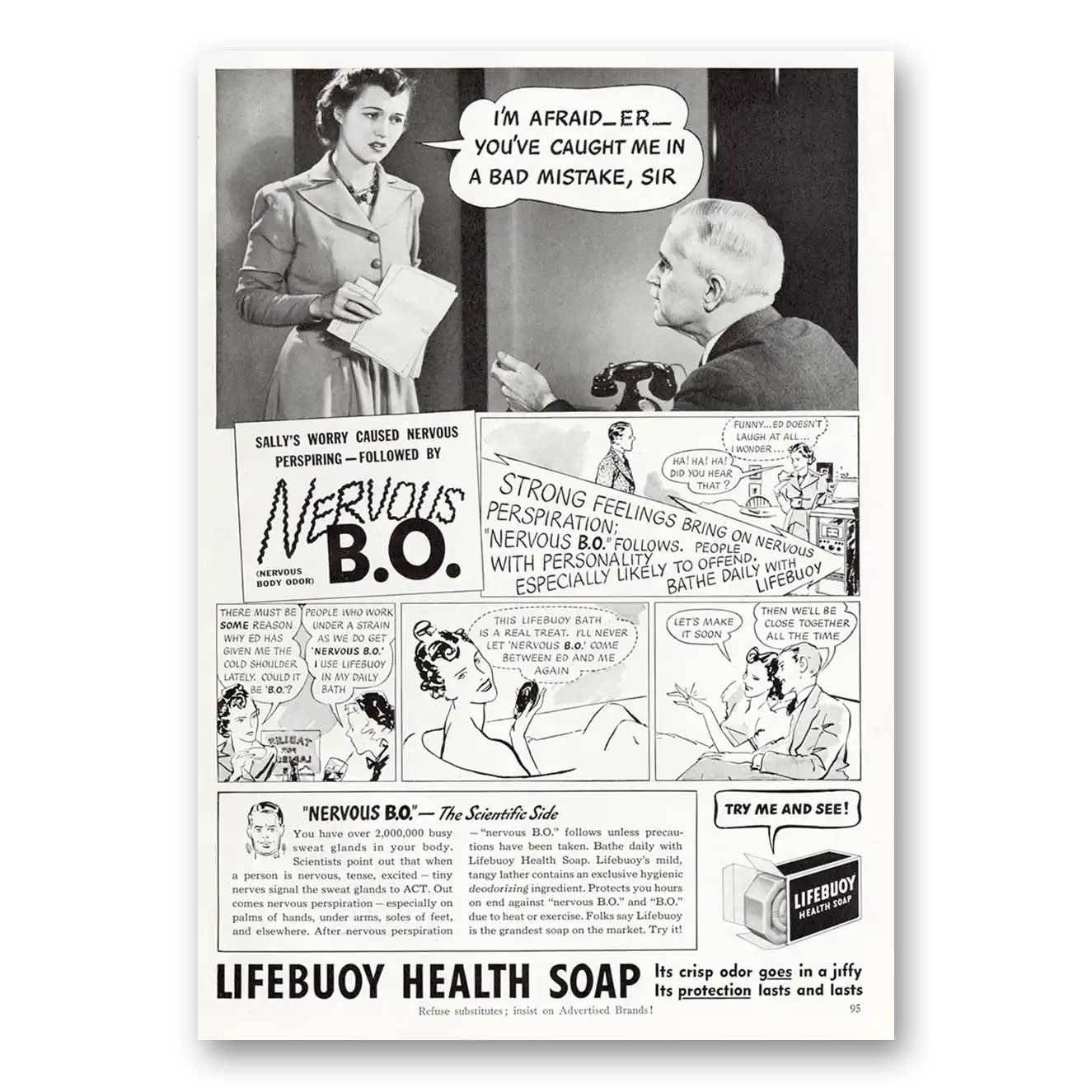 1940 Lifebuoy Soap Health Soap Nervous BO Bad Mistake Sir Vintage Magazine Print Ad