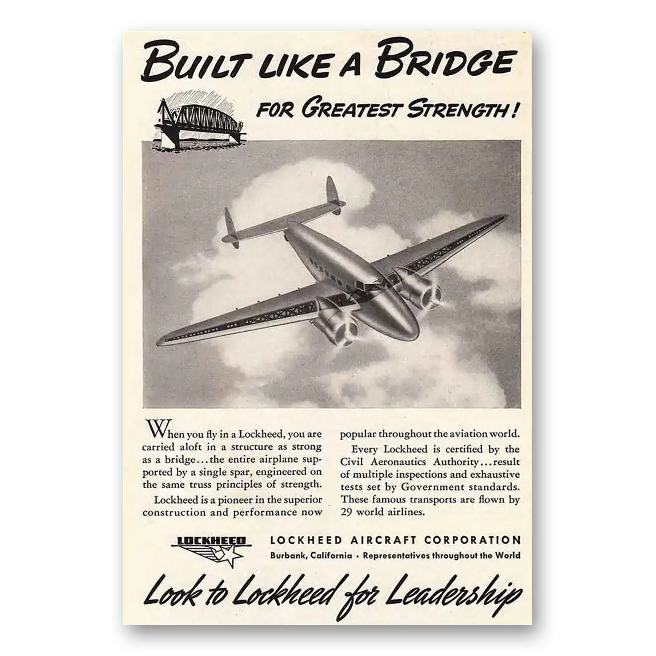 1940 Lockheed Built Like a Bridge Greatest Strength Vintage Magazine Print Ad