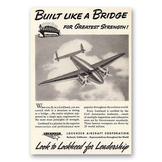 1940 Lockheed Built Like a Bridge Greatest Strength Vintage Magazine Print Ad