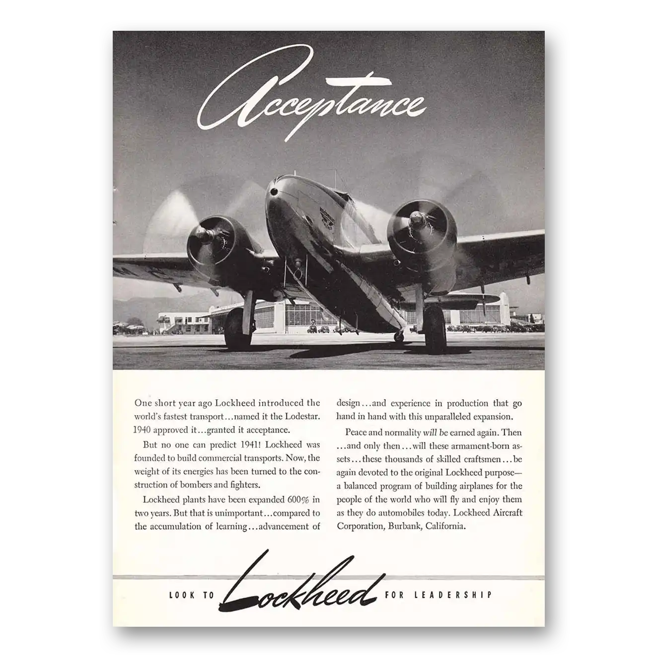 1940 Lockheed Lodestar Acceptance One Short Year Ago Vintage Magazine Print Ad