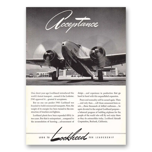 1940 Lockheed Lodestar Acceptance One Short Year Ago Vintage Magazine Print Ad