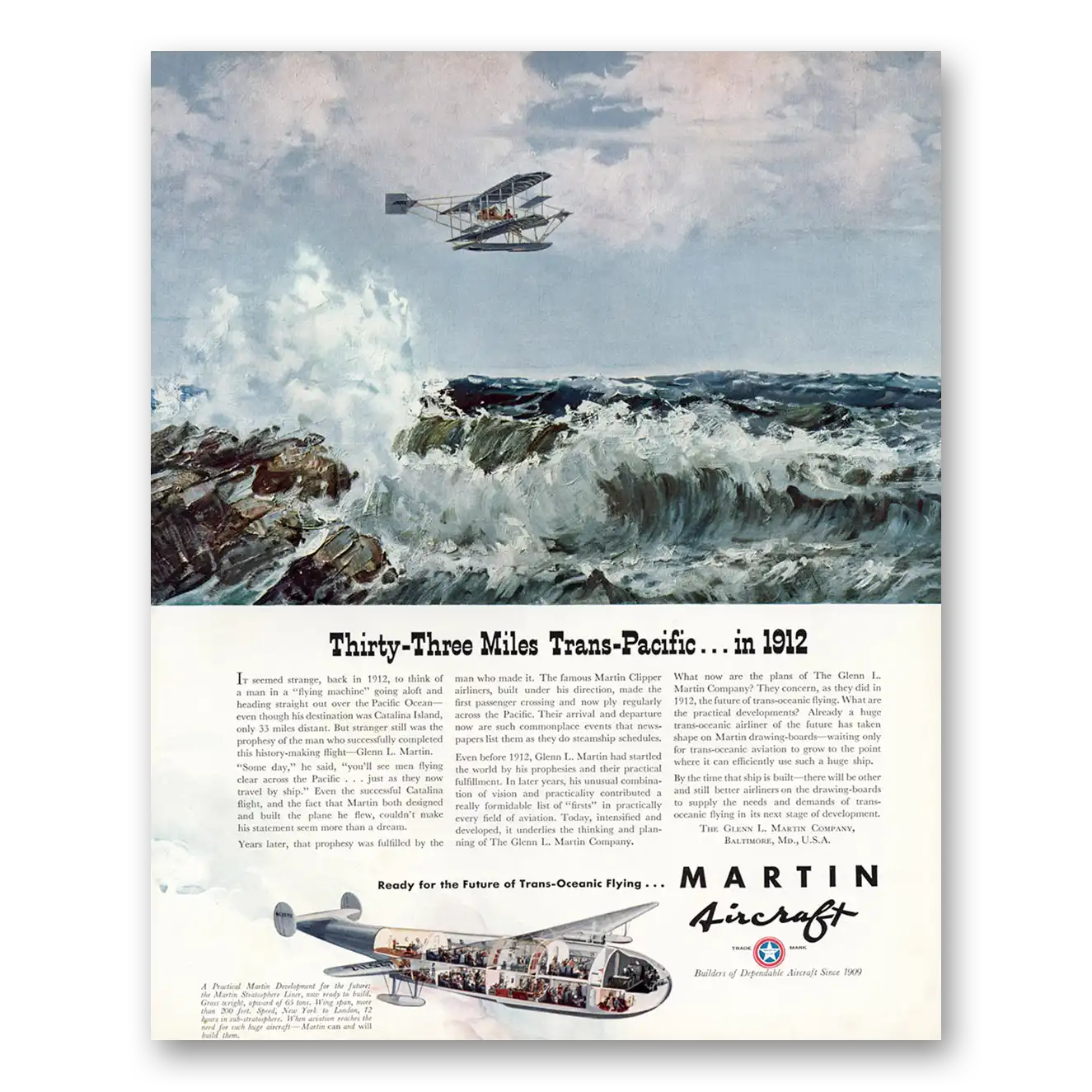 1940 Martin Aircraft Thirty Three Miles Trans Pacific Vintage Magazine Print Ad