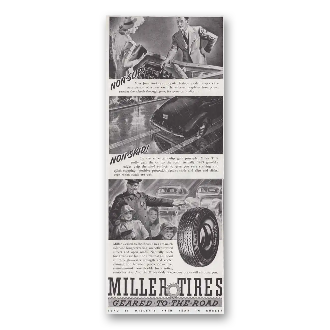 1940 Miller Tires Non Slip Non Skid Vintage Magazine Print Ad