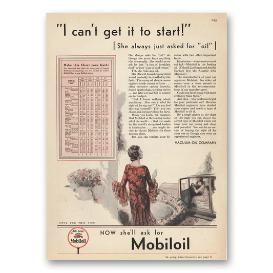 1930 Mobiloil I Cant Get It To Start She Always Asked for Oil Vintage Magazine Print Ad