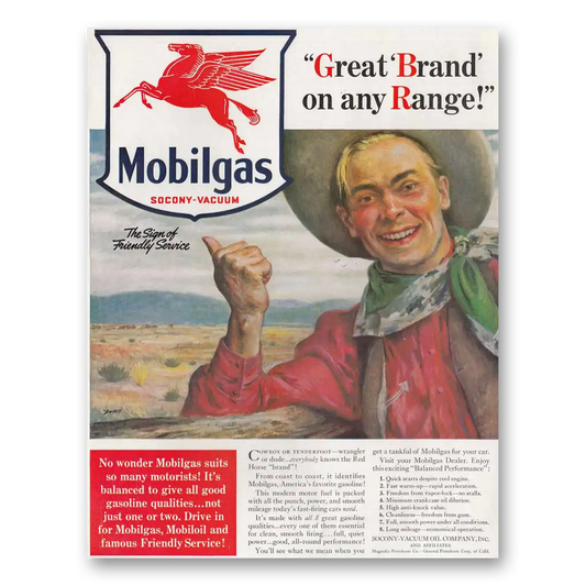 1940 Mobilgas Great Brand on Any Range Vintage Magazine Print Ad