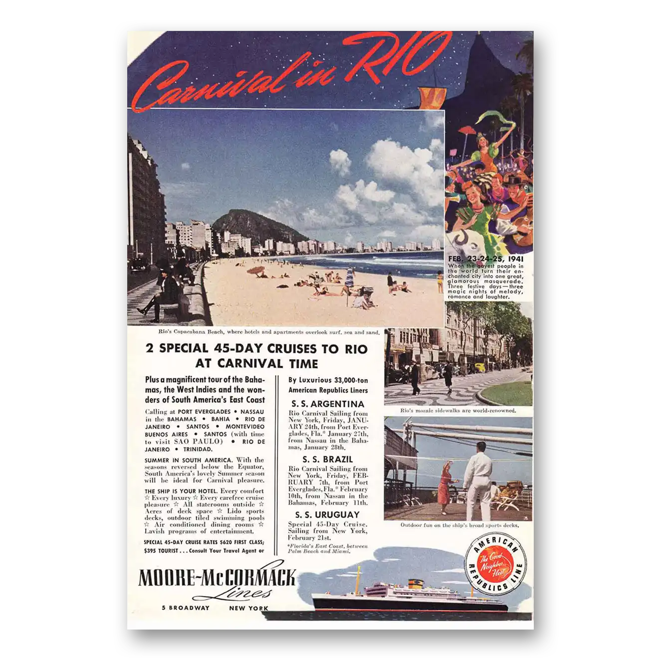 1940 Moore McCormack Lines Carnival in Rio Copacabana Beach Vintage Magazine Print Ad