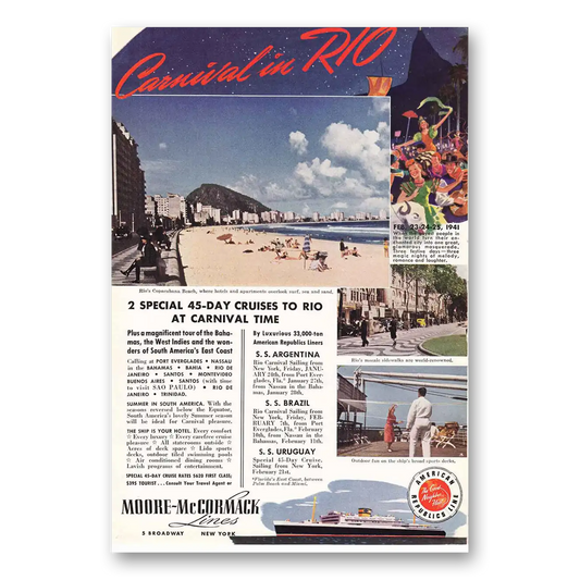 1940 Moore McCormack Lines Carnival in Rio Copacabana Beach Vintage Magazine Print Ad