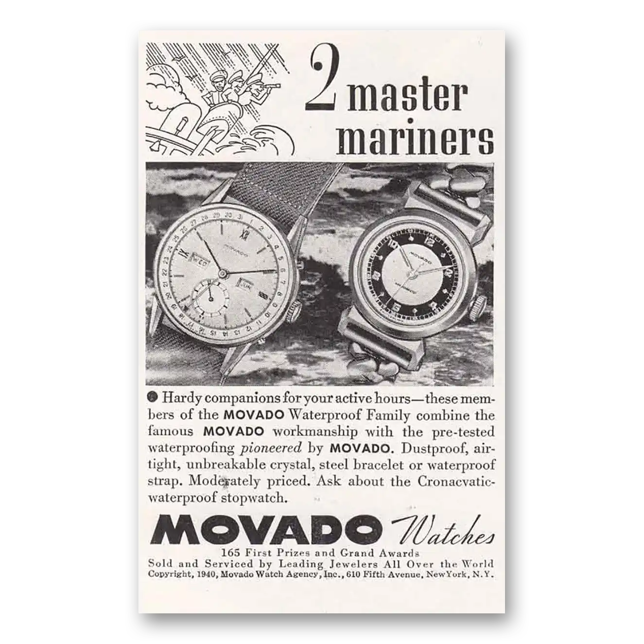 1940 Movado Watch Master Mariners Vintage Magazine Print Ad