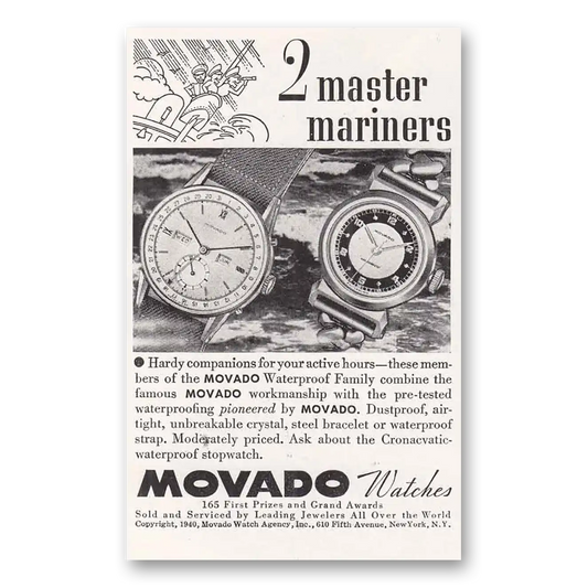 1940 Movado Watch Master Mariners Vintage Magazine Print Ad