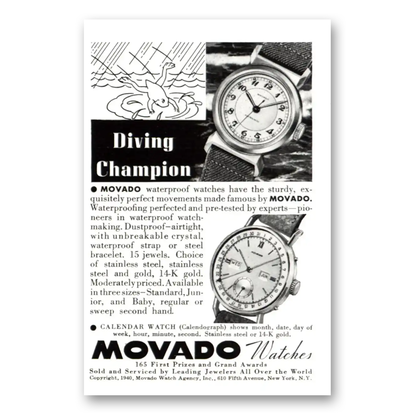 1940 Movado Watch Diving Champion Vintage Magazine Print Ad