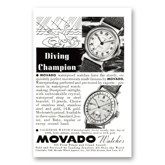 1940 Movado Watch Diving Champion Vintage Magazine Print Ad